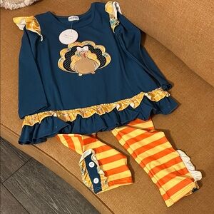 Abby & Evie Kids Blue Turkey Thanksgiving Set 3T